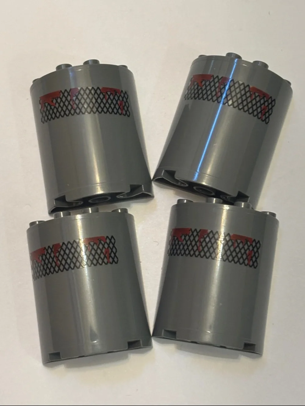 LEGO Dark Bluish Gray Cylinder with Red and Black Mesh Print (4)